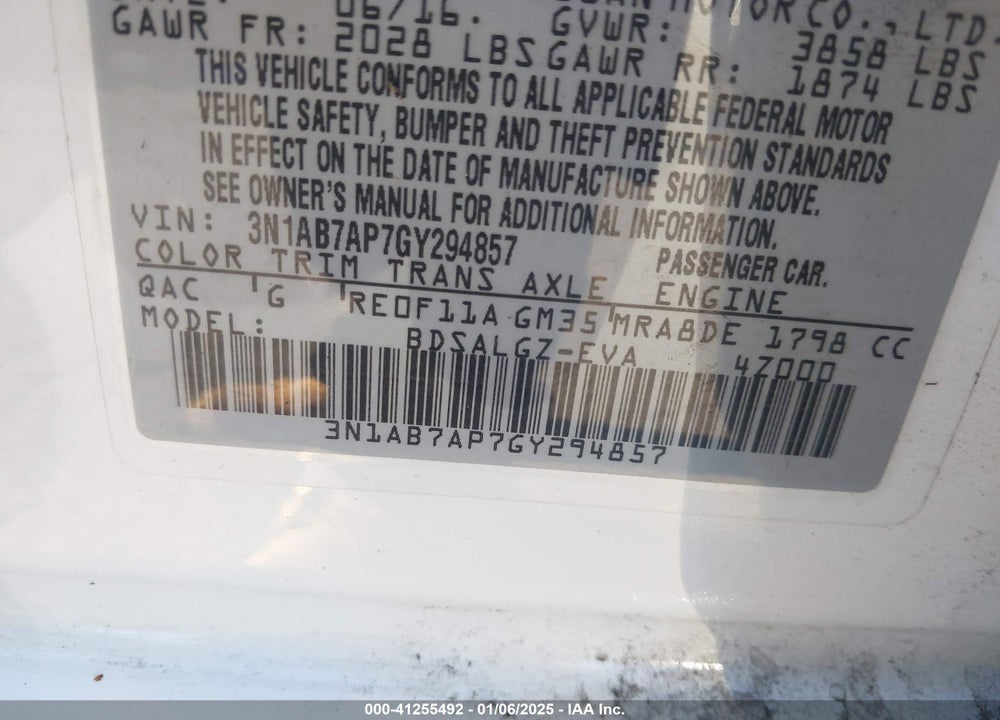 2016 NISSAN SENTRA VIN: 3N1AB7AP7GY294857