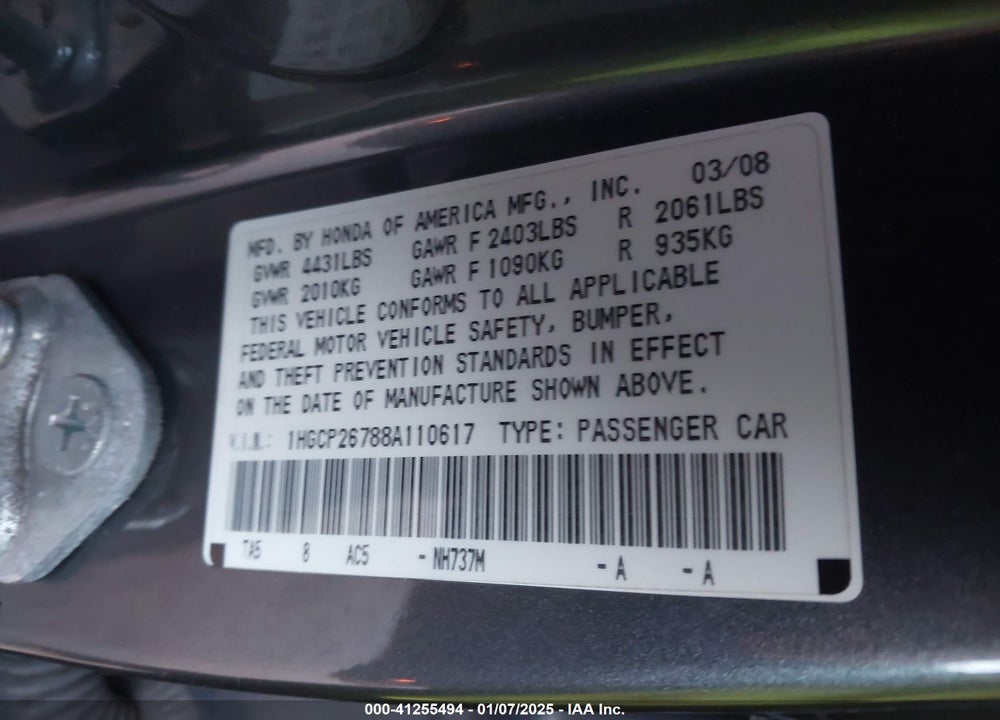 2008 HONDA ACCORD 2.4 EX VIN: 1HGCP26788A110617