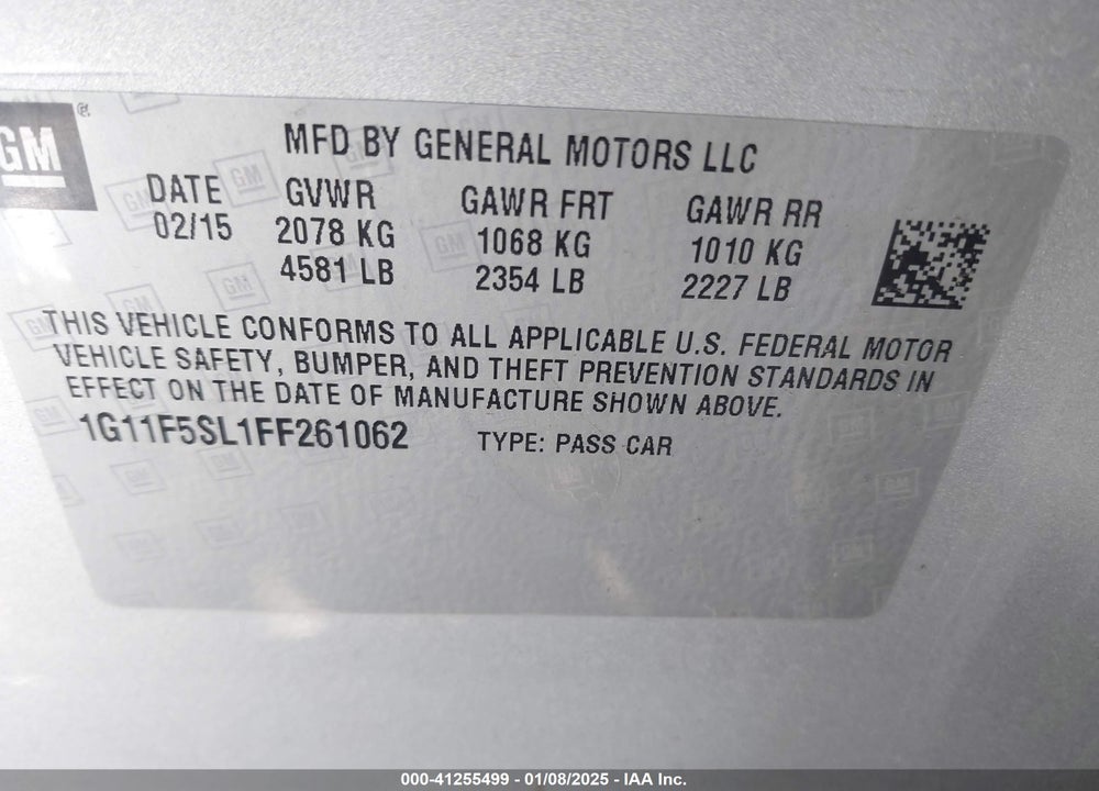 2015 CHEVROLET MALIBU VIN: 1G11F5SL1FF261062