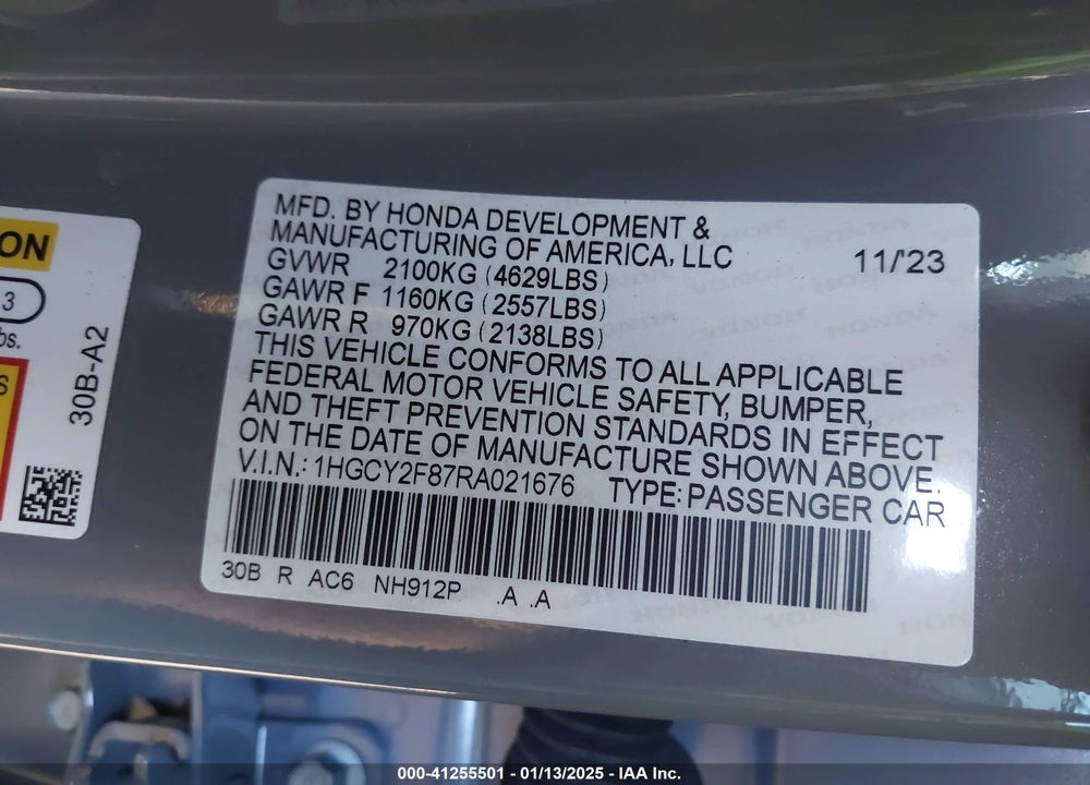 2024 HONDA ACCORD HYBRID TOURING VIN: 1HGCY2F87RA021676