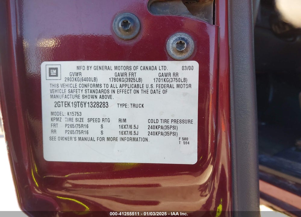 2000 GMC SIERRA 1500 SLE VIN: 2GTEK19T6Y1328283