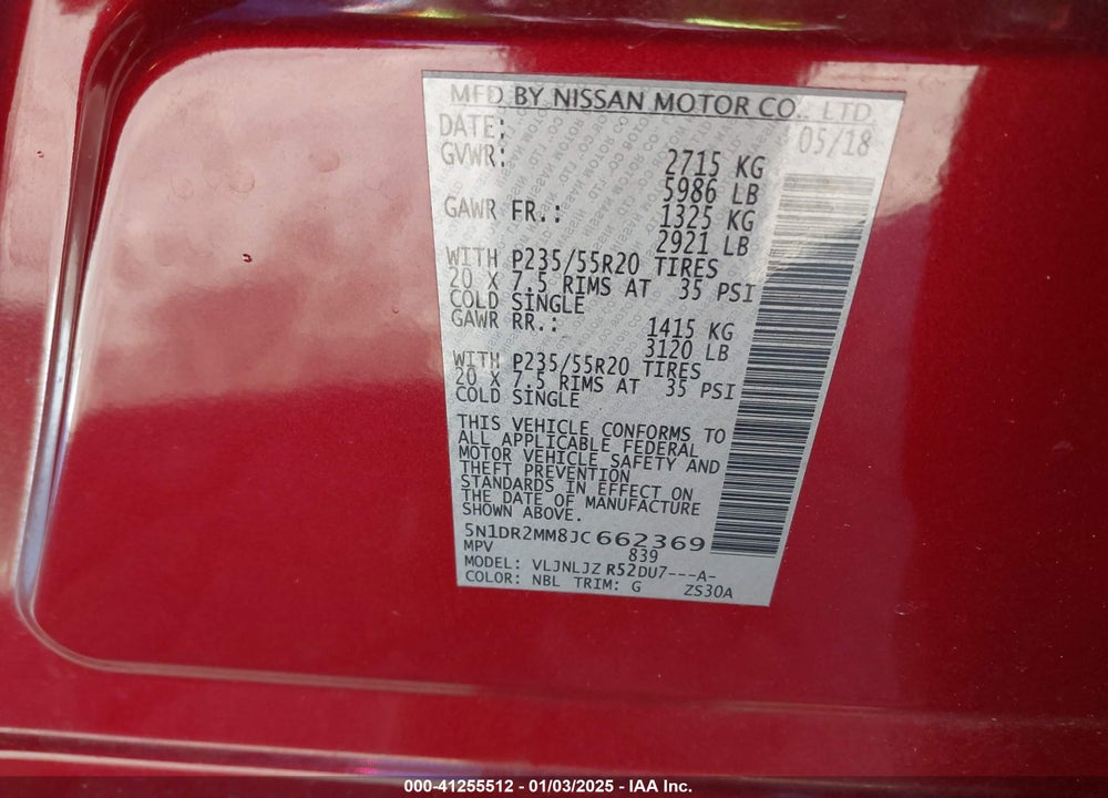 2018 NISSAN PATHFINDER PLATINUM VIN: 5N1DR2MM8JC662369