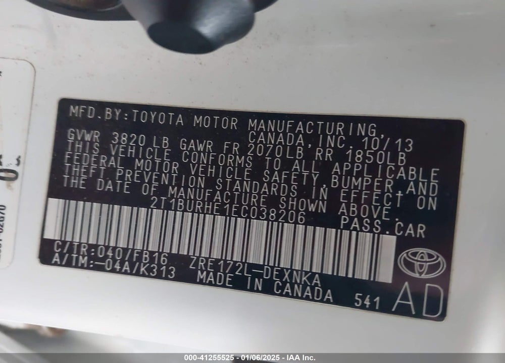 2014 TOYOTA COROLLA LE VIN: 2T1BURHE1EC038206