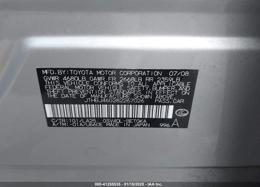 2008 LEXUS ES 350 VIN: JTHBJ46G282267026