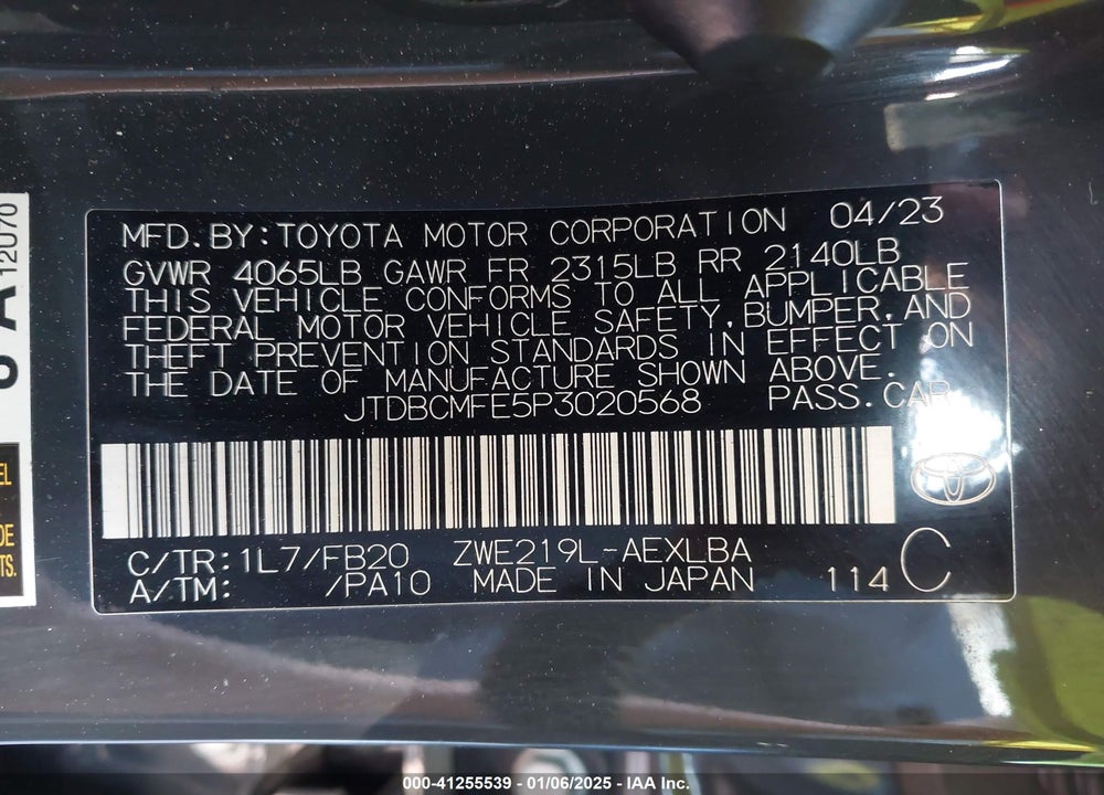 2023 TOYOTA COROLLA VIN: JTDBCMFE5P3020568