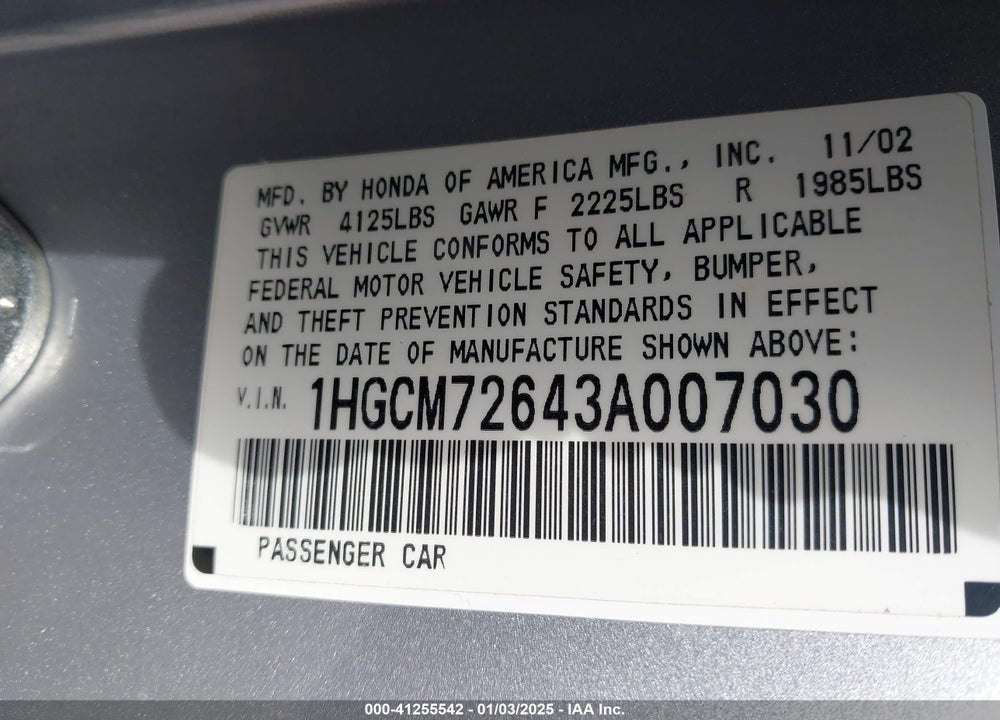 2003 HONDA ACCORD 2.4 EX VIN: 1HGCM72643A007030