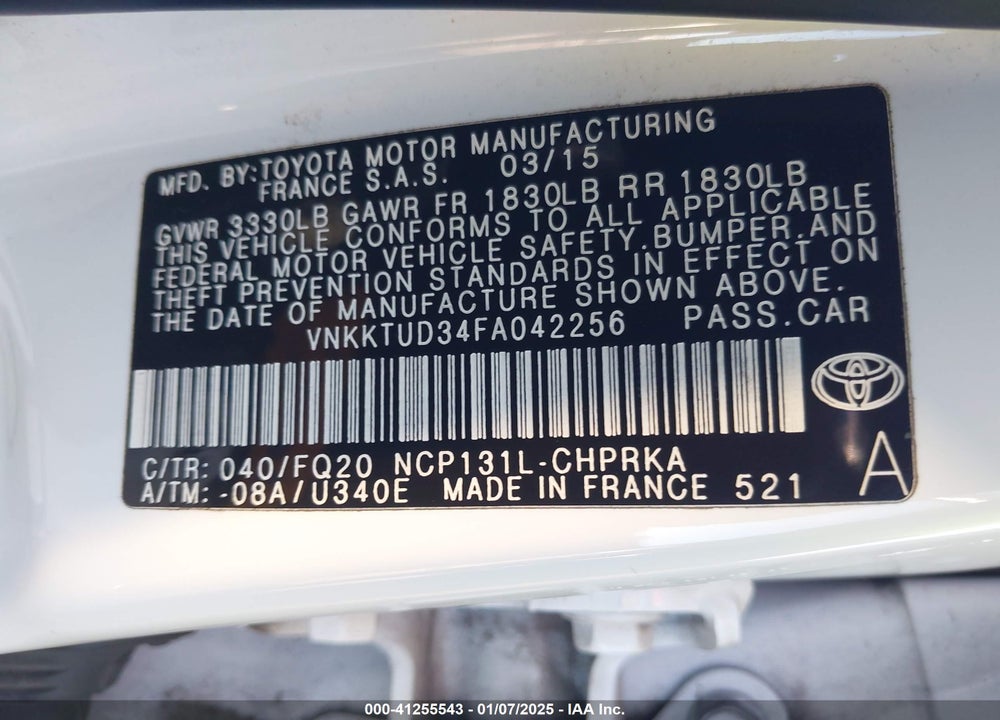 2015 TOYOTA YARIS L VIN: VNKKTUD34FA042256