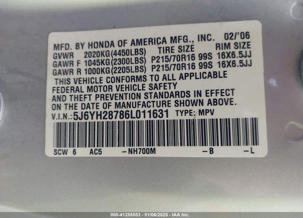 2006 HONDA ELEMENT EX-P VIN: 5J6YH28786L011631
