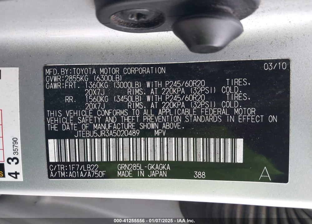 2010 TOYOTA 4RUNNER VIN: JTEBU5JR3A5020489