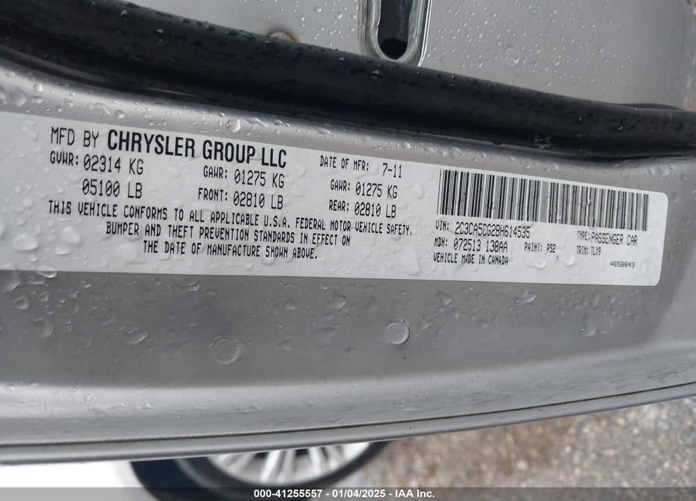 2011 CHRYSLER 300 LIMITED VIN: 2C3CA5CG2BH614535