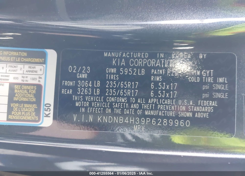 2023 KIA CARNIVAL MPV LX SEAT PACKAGE VIN: KNDNB4H39P6289960