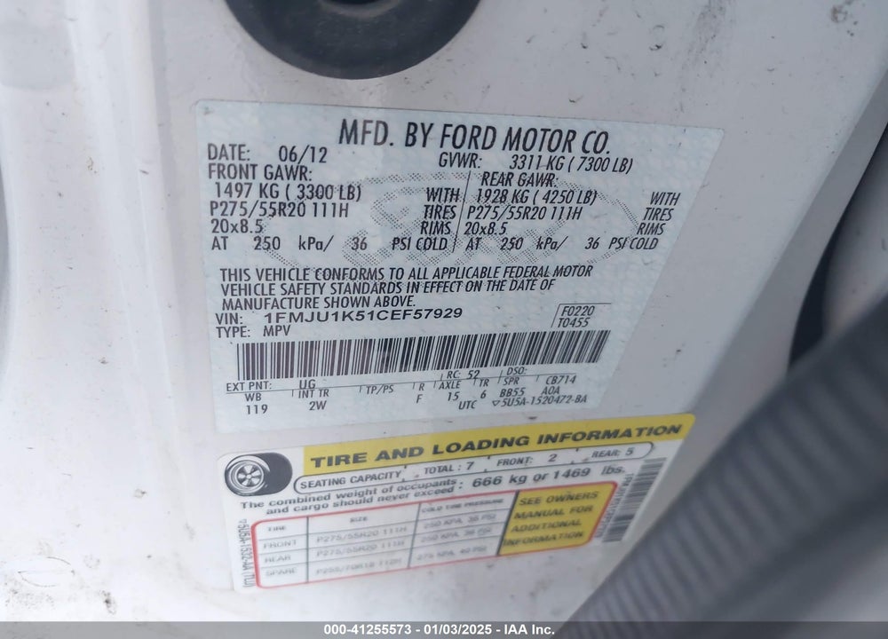 2012 FORD EXPEDITION LIMITED VIN: 1FMJU1K51CEF57929