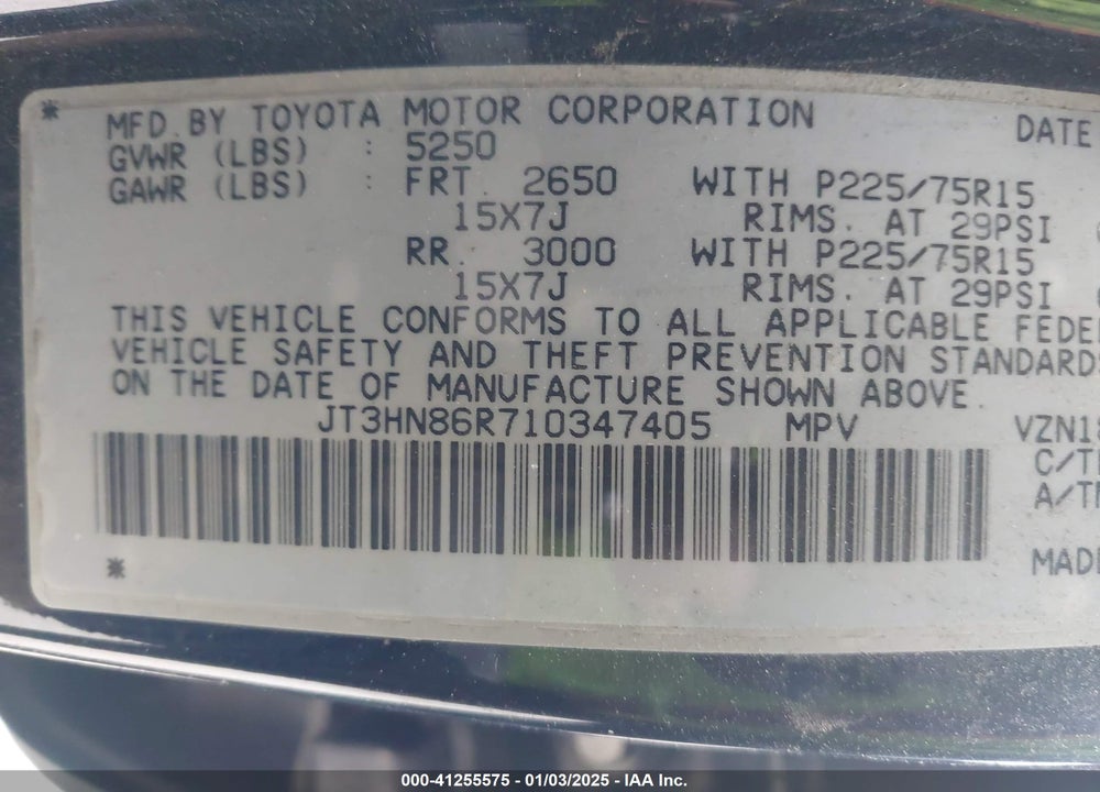 2001 TOYOTA 4RUNNER SR5 V6 VIN: JT3HN86R710347405