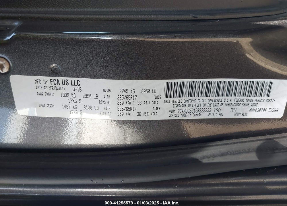 2016 DODGE GRAND CARAVAN R/T VIN: 2C4RDGEG1GR329333