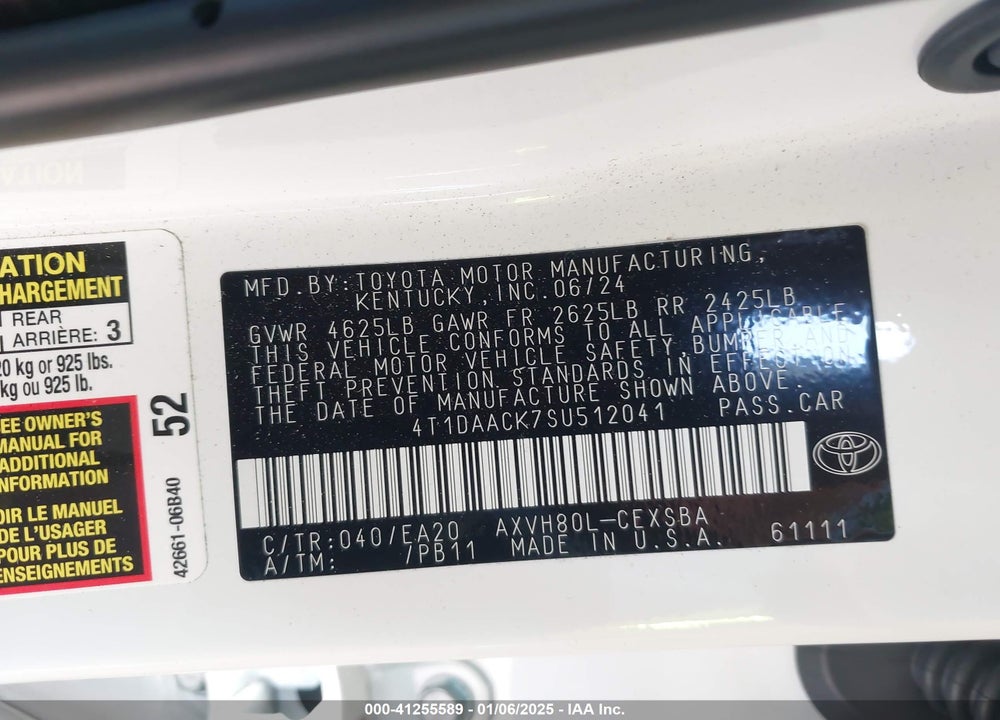 2025 TOYOTA CAMRY VIN: 4T1DAACK7SU512041