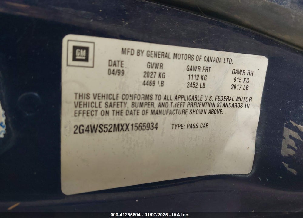 1999 BUICK CENTURY CUSTOM VIN: 2G4WS52MXX1565934
