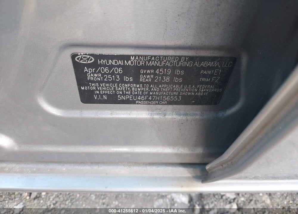 2007 HYUNDAI SONATA LIMITED/SE V6 VIN: 5NPEU46F47H156553