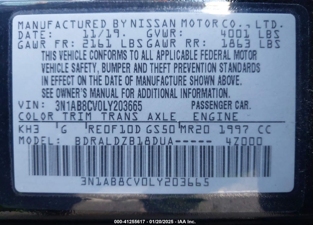 2020 NISSAN SENTRA VIN: 3N1AB8CV0LY203665