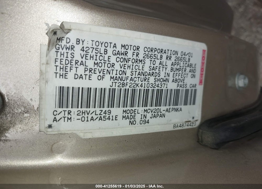2001 TOYOTA CAMRY LE V6 VIN: JT2BF22K410324371