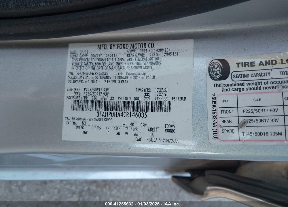 2012 FORD FUSION SE VIN: 3FAHP0HA4CR146035