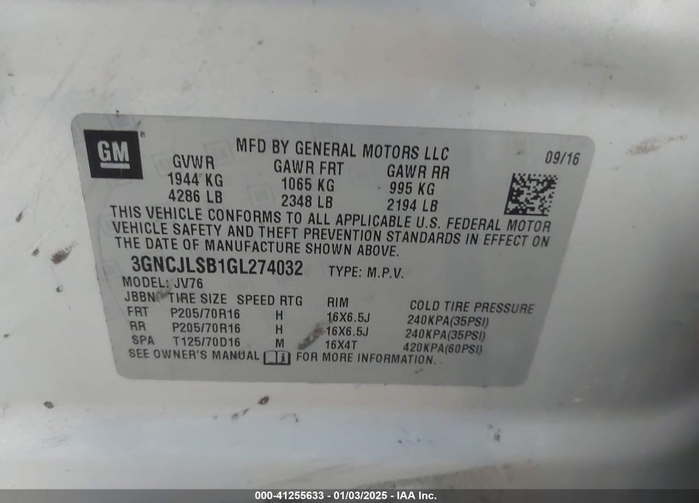 2016 CHEVROLET TRAX LT VIN: 3GNCJLSB1GL274032
