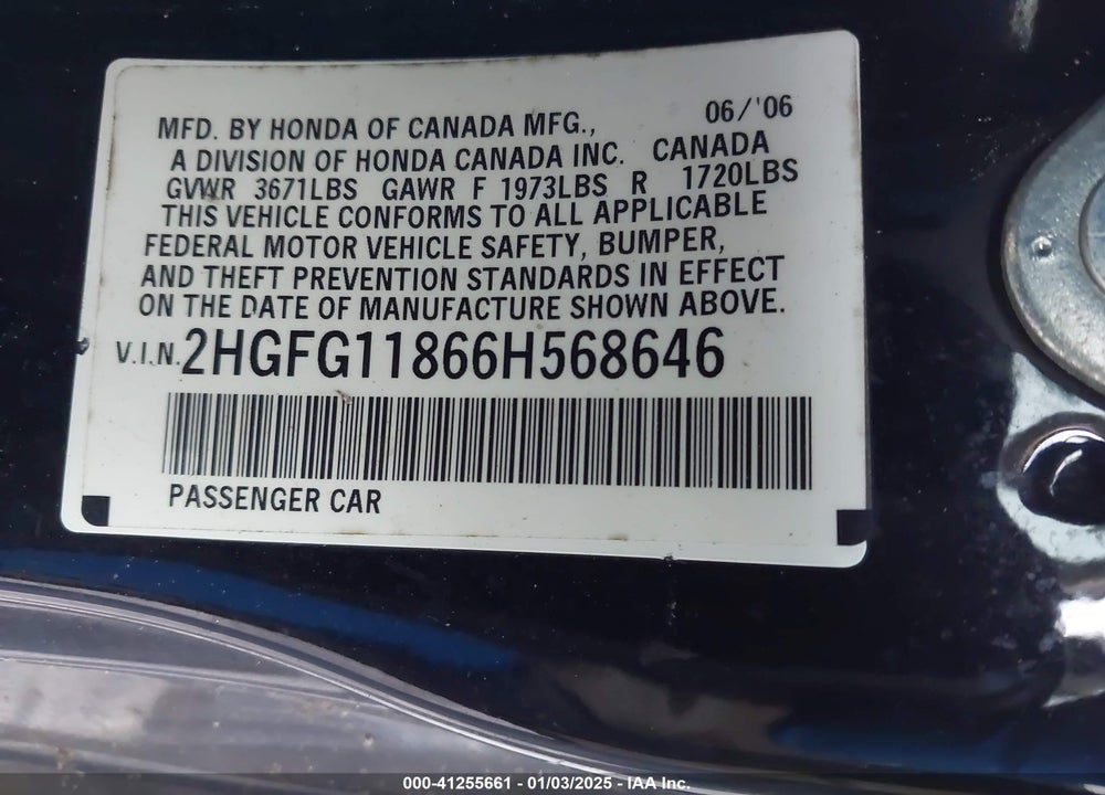 2006 HONDA CIVIC EX VIN: 2HGFG11866H568646