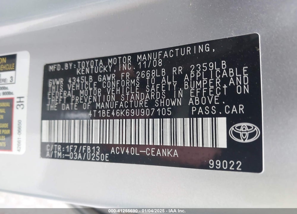 2009 TOYOTA CAMRY LE VIN: 4T1BE46K69U907105