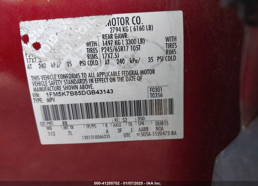 2013 FORD EXPLORER VIN: 1FM5K7B85DGB43143