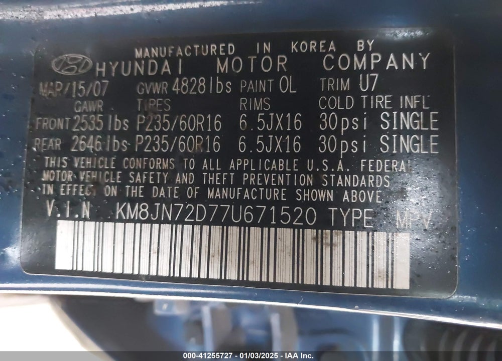2007 HYUNDAI TUCSON LIMITED/SE VIN: KM8JN72D77U671520