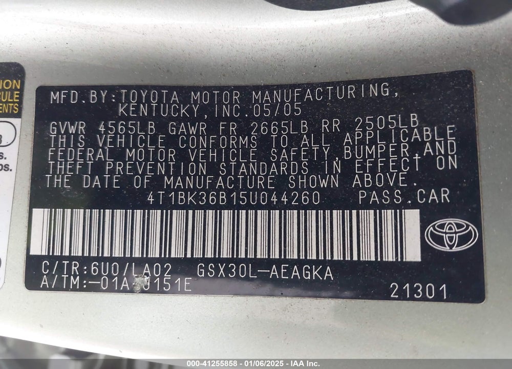 2005 TOYOTA AVALON XLS VIN: 4T1BK36B15U044260