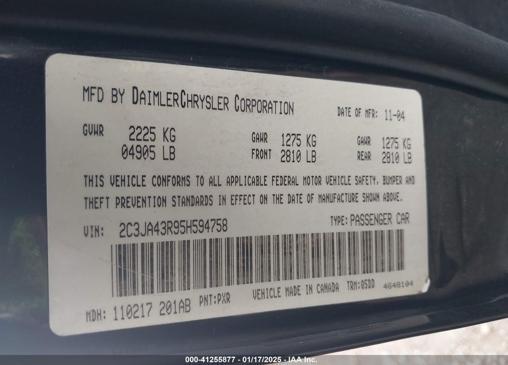 2005 CHRYSLER 300 VIN: 2C3JA43R95H594758