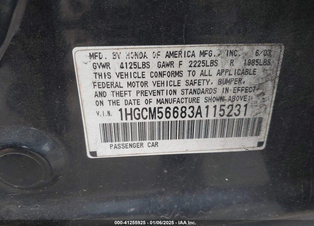 2003 HONDA ACCORD 2.4 EX VIN: 1HGCM56683A115231