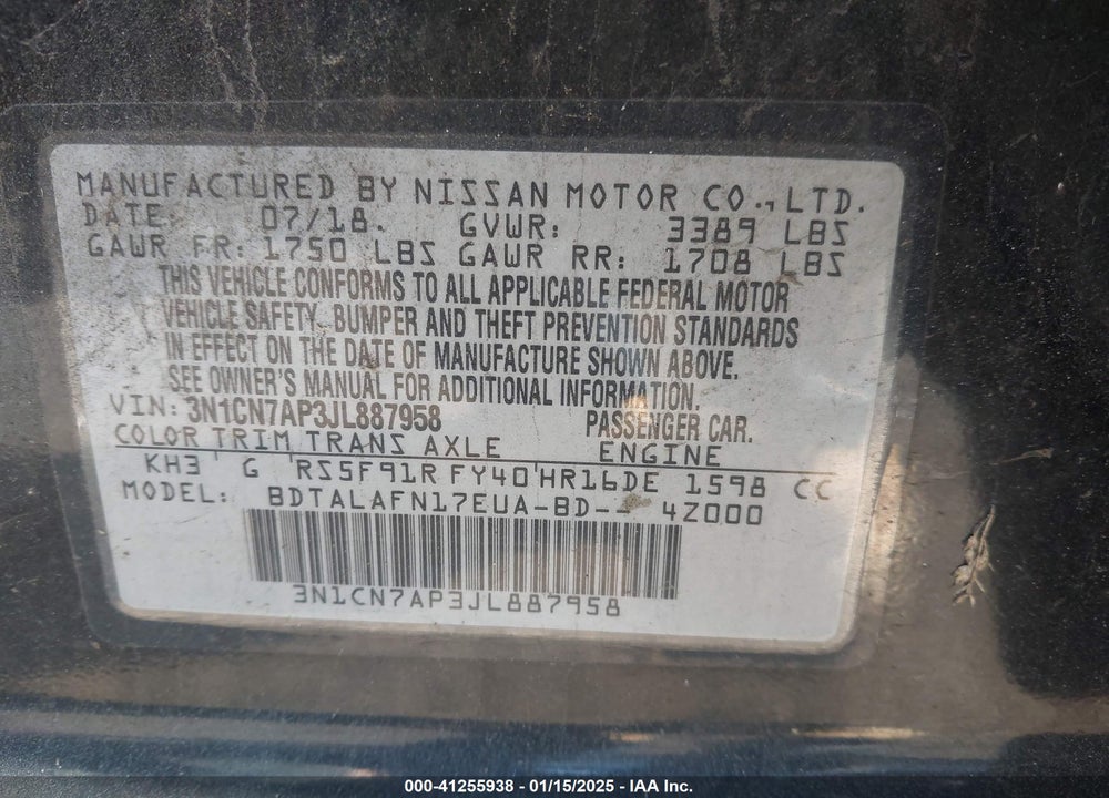 2018 NISSAN VERSA 1.6 S+ VIN: 3N1CN7AP3JL887958