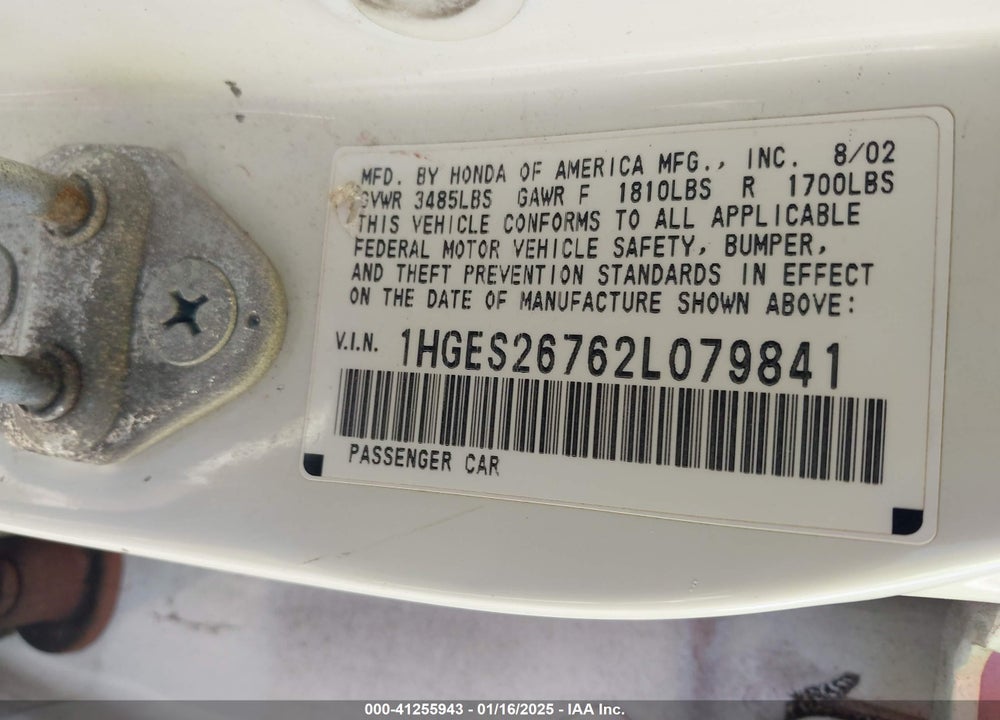 2002 HONDA CIVIC EX VIN: 1HGES26762L079841