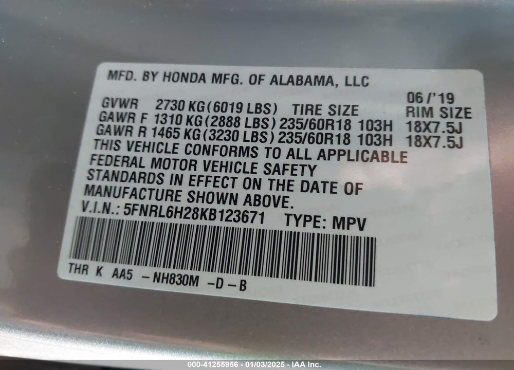 2019 HONDA ODYSSEY LX VIN: 5FNRL6H28KB123671