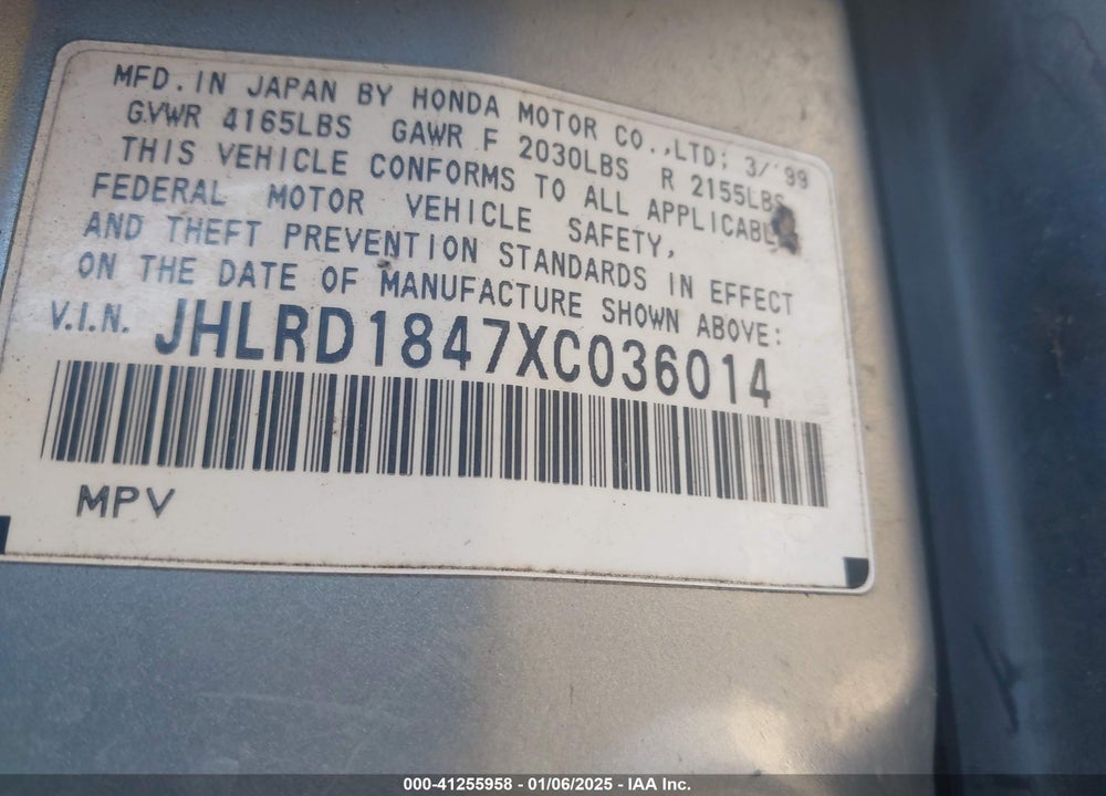 1999 HONDA CR-V LX VIN: JHLRD1847XC036014