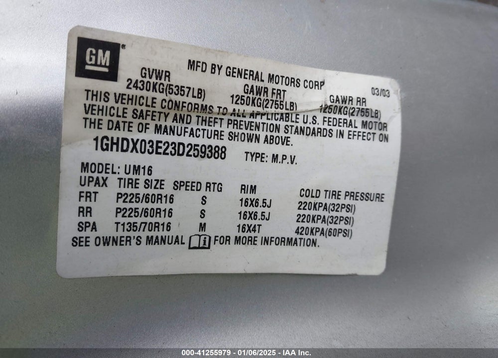 2003 OLDSMOBILE SILHOUETTE GL VIN: 1GHDX03E23D259388