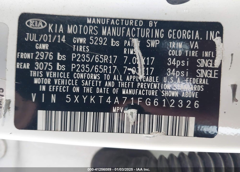 2015 KIA SORENTO LX V6 VIN: 5XYKT4A71FG612326