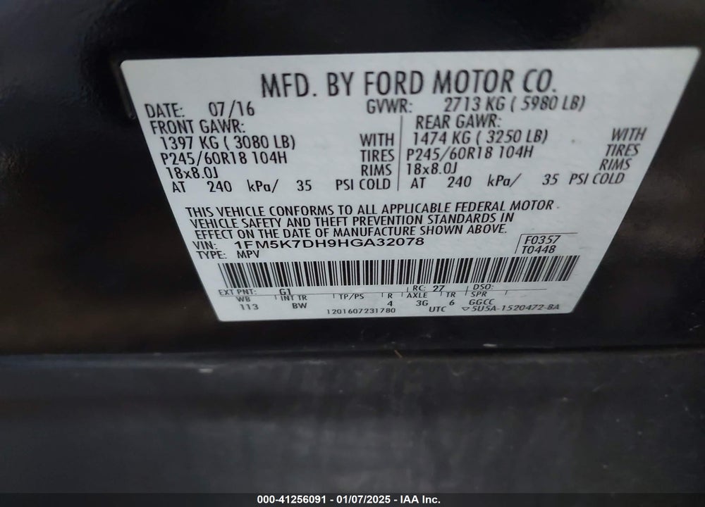 2017 FORD EXPLORER XLT VIN: 1FM5K7DH9HGA32078