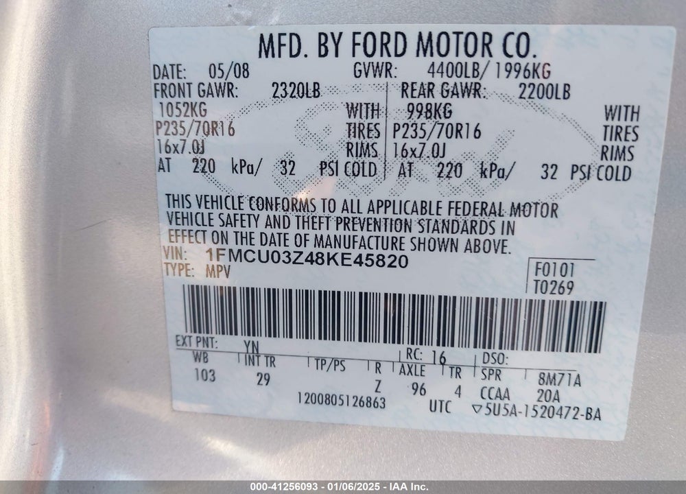 2008 FORD ESCAPE XLT VIN: 1FMCU03Z48KE45820