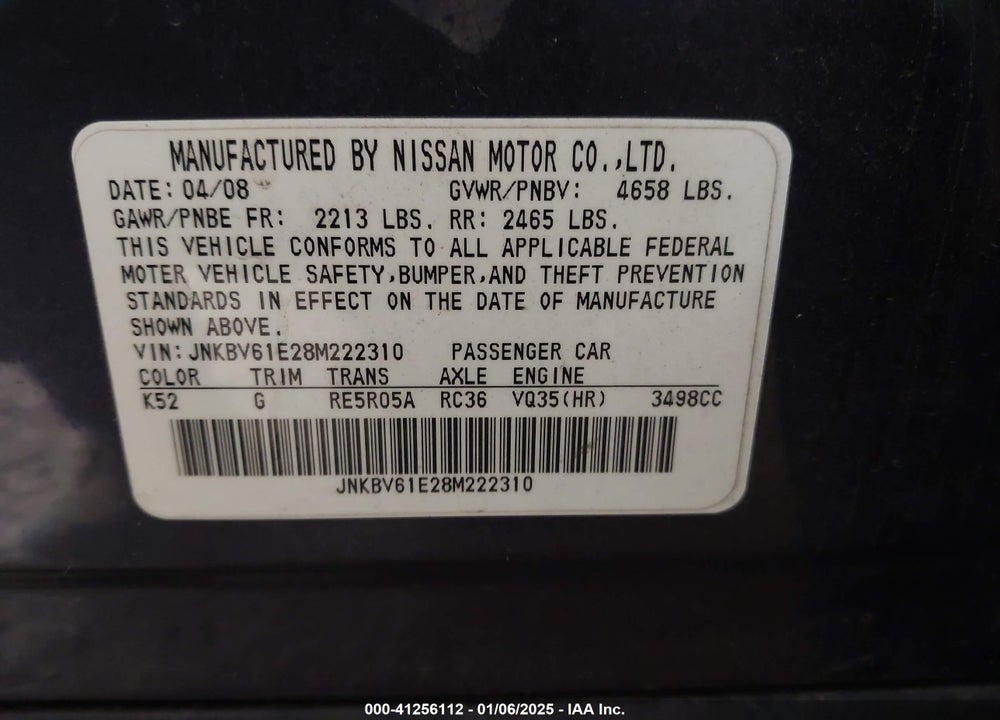 2008 INFINITI G35 JOURNEY VIN: JNKBV61E28M222310