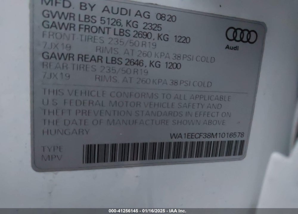 2021 AUDI Q3 PREMIUM PLUS 45 TFSI S LINE QUATTRO TIPTRONIC VIN: WA1EECF38M1016578