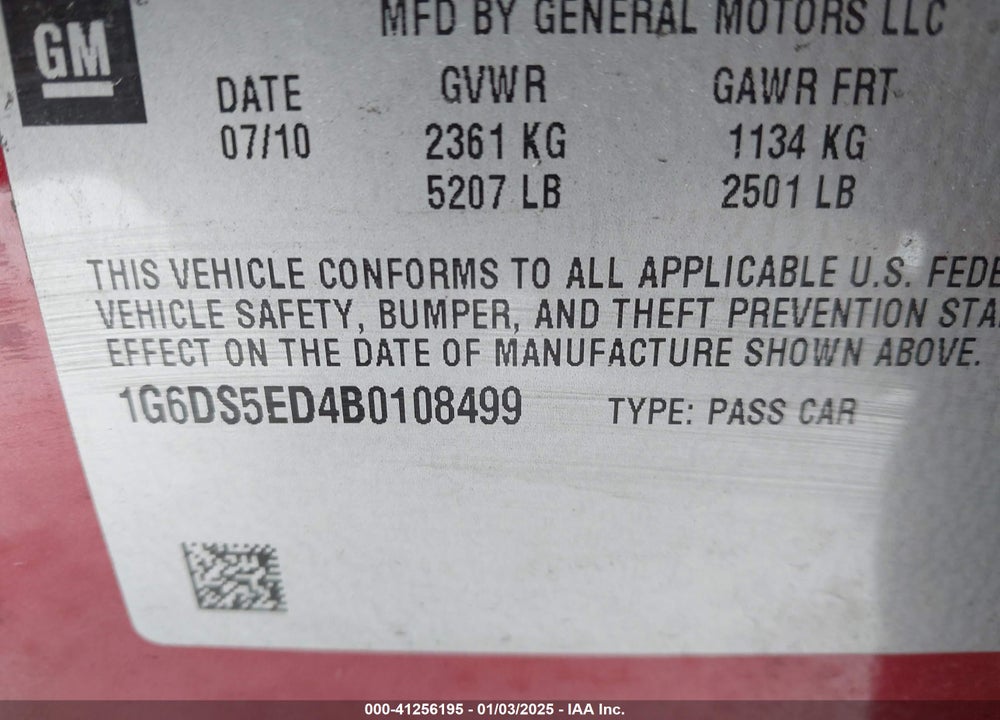 2011 CADILLAC CTS VIN: 1G6DS5ED4B0108499