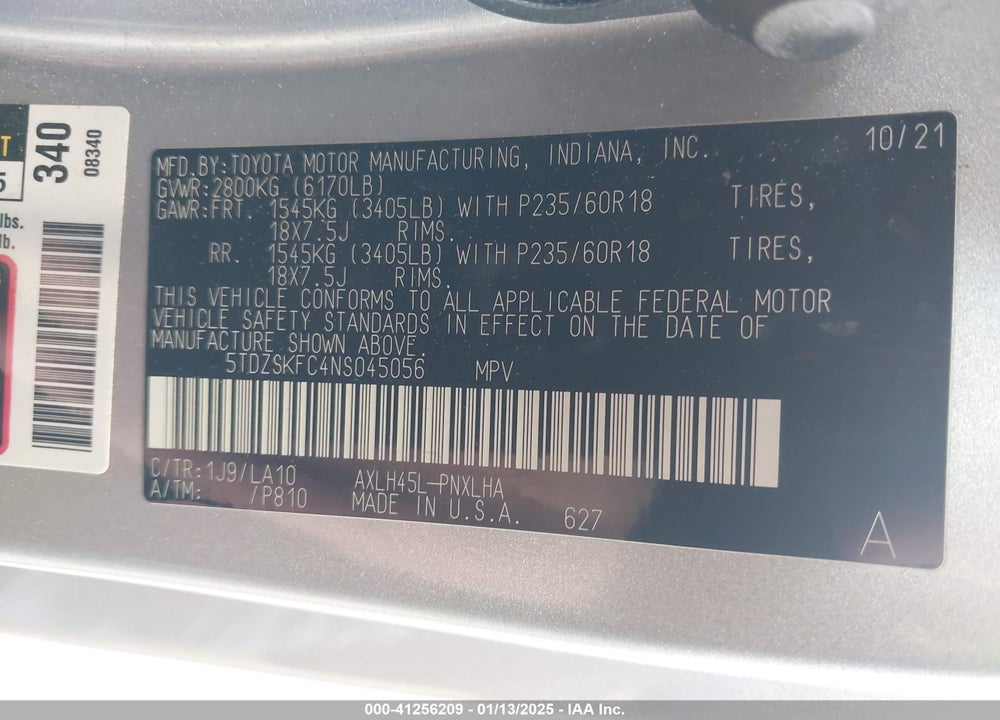 2022 TOYOTA SIENNA LIMITED VIN: 5TDZSKFC4NS045056