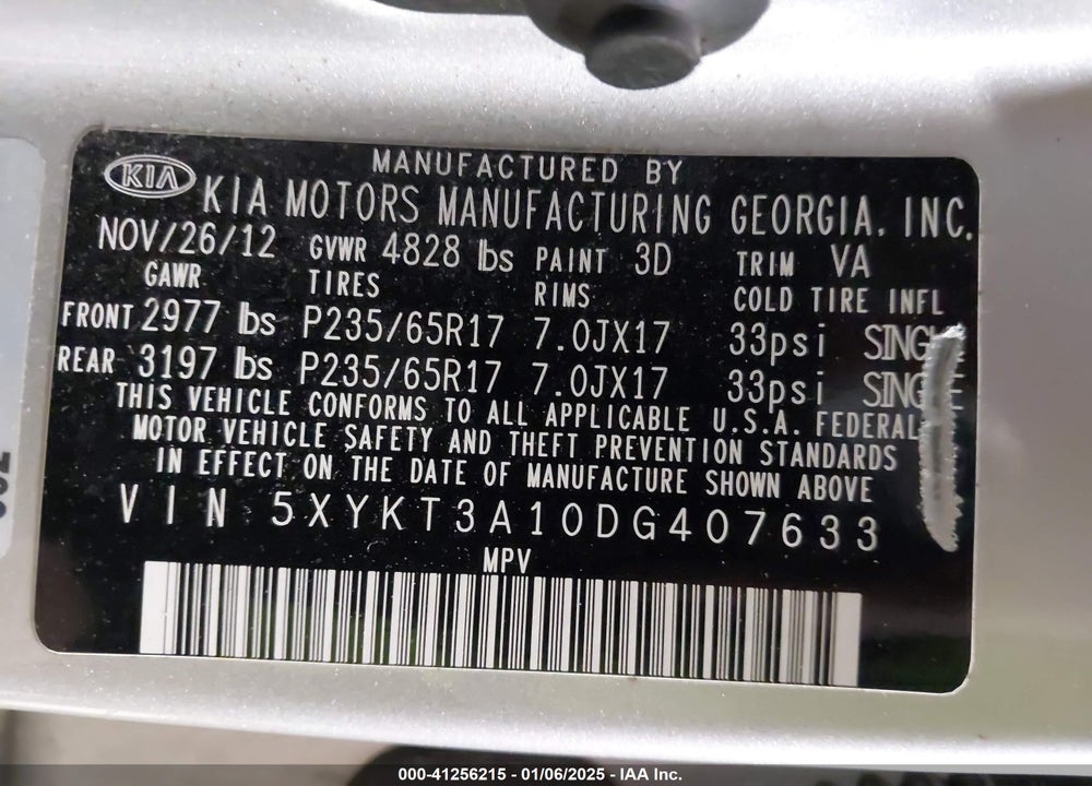 2013 KIA SORENTO LX VIN: 5XYKT3A10DG407633