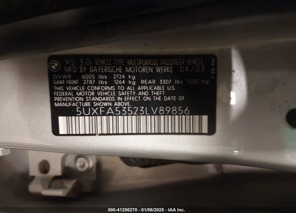 2003 BMW X5 3.0I VIN: 5UXFA53523LV89856