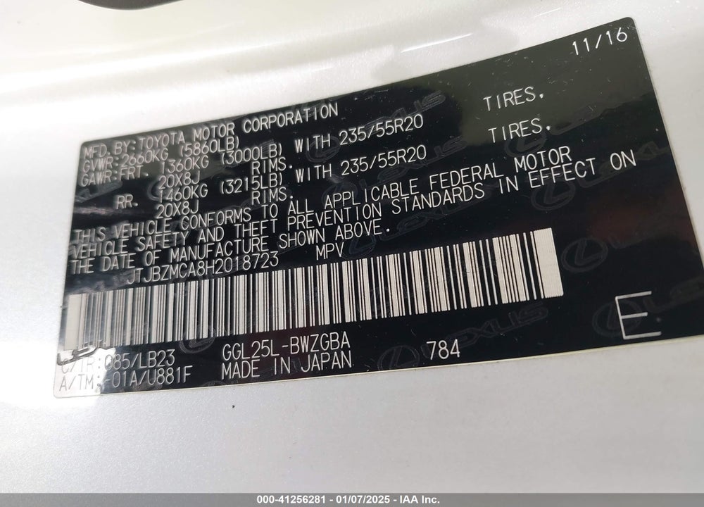 2017 LEXUS RX 350 VIN: JTJBZMCA8H2018723