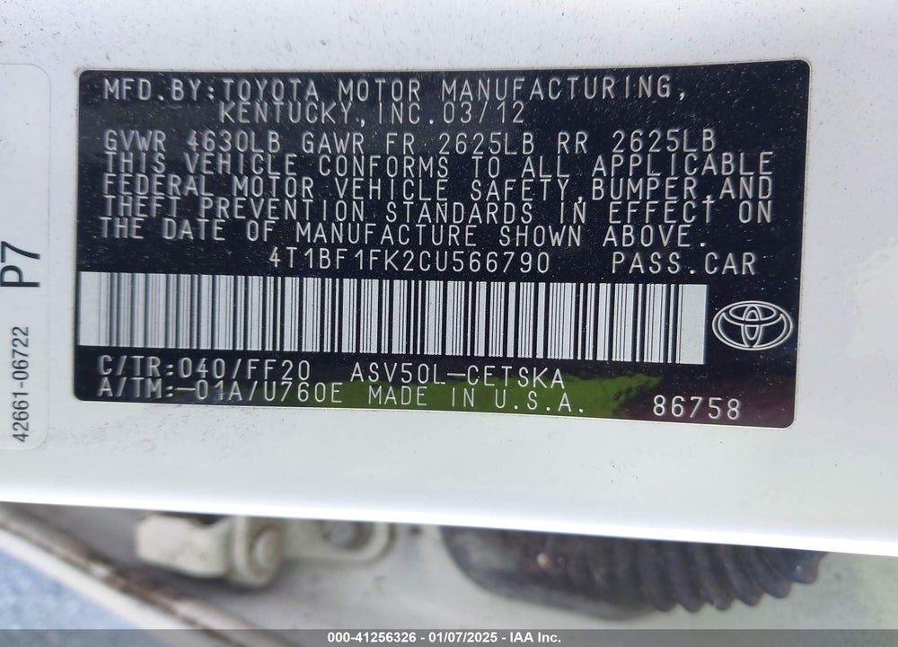 2012 TOYOTA CAMRY SE VIN: 4T1BF1FK2CU566790