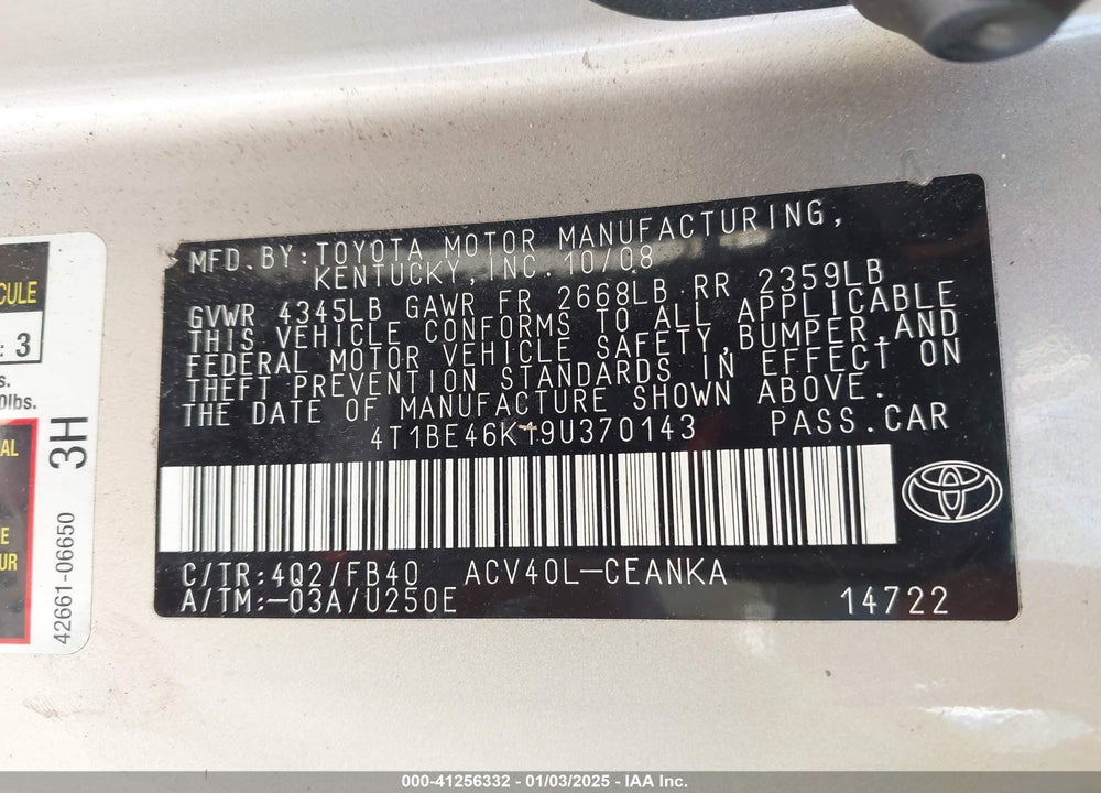 2009 TOYOTA CAMRY VIN: 4T1BE46K19U370143
