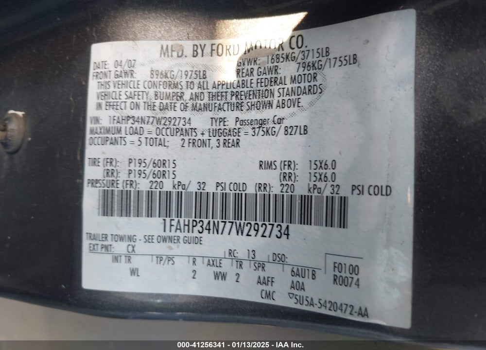 2007 FORD FOCUS S/SE/SES VIN: 1FAHP34N77W292734